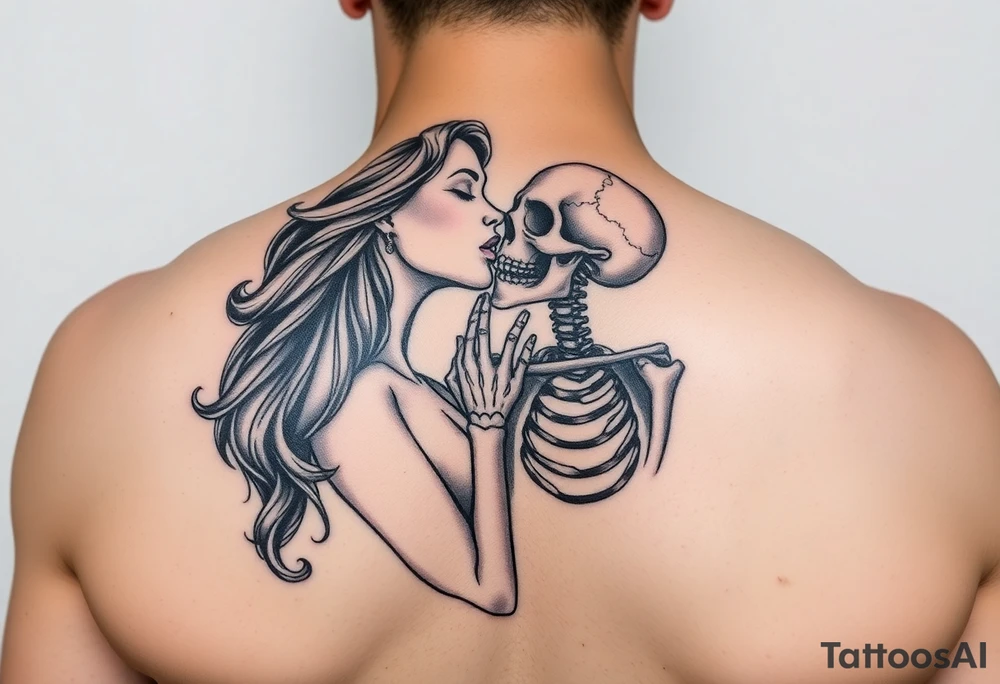 A lady passionately kissing a skeleton tattoo idea