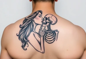 A lady passionately kissing a skeleton tattoo idea