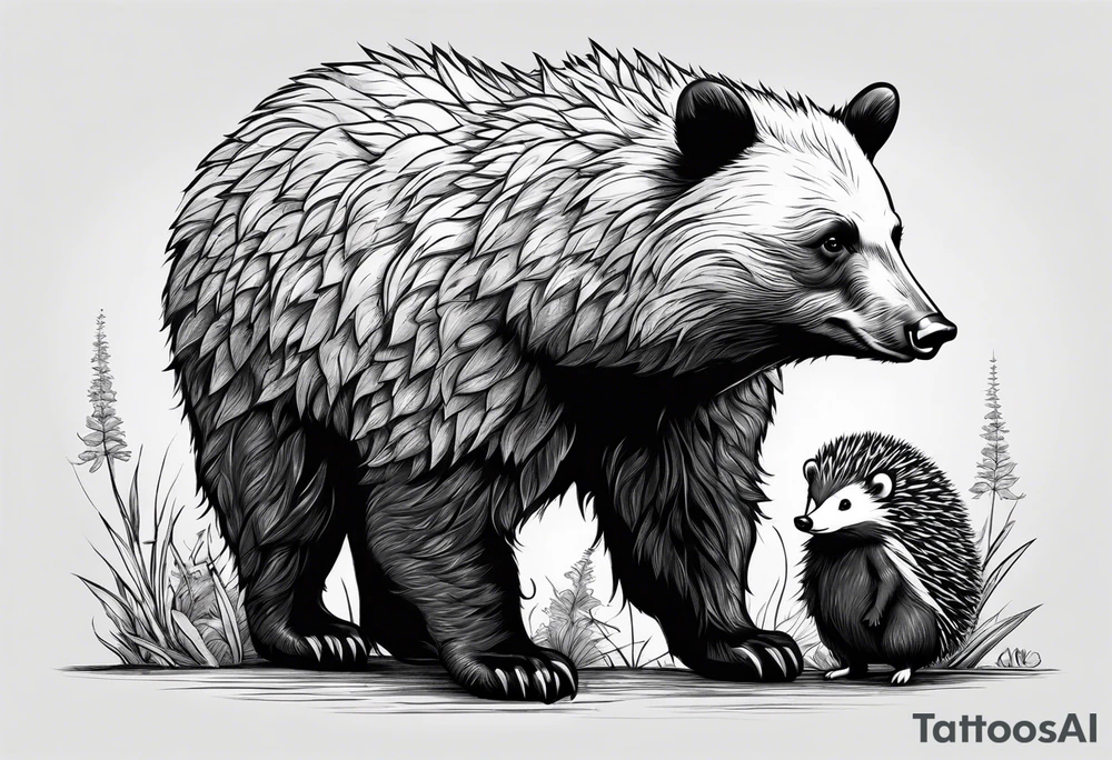 black bear and hedgehog, bear stands over comic hedgehog smiling, hedgehog has red balloon in hand, hedgehog stands on two feet. tattoo idea