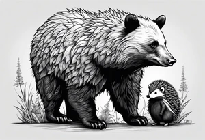 black bear and hedgehog, bear stands over comic hedgehog smiling, hedgehog has red balloon in hand, hedgehog stands on two feet. tattoo idea