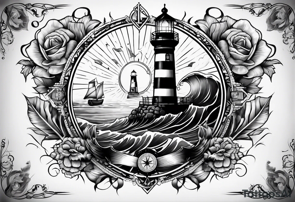 full sleeve tattoo with compass, lighthouse, bermuda triangle theme, crown and anchor dice, lightning in background tattoo idea