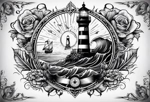 full sleeve tattoo with compass, lighthouse, bermuda triangle theme, crown and anchor dice, lightning in background tattoo idea