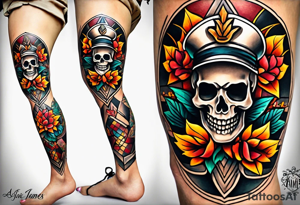 Old school knee tattoo with skull and fall colors tattoo idea