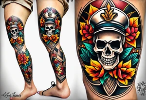 Old school knee tattoo with skull and fall colors tattoo idea