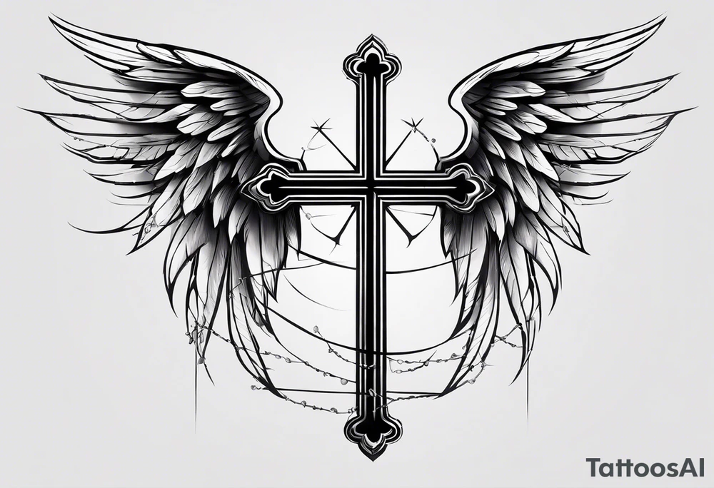 I need a tattoo in minimalism, the main element will be a cross, which should have angel wings, and barbed wire runs from top to bottom along the cross минимум деталей tattoo idea