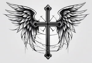 I need a tattoo in minimalism, the main element will be a cross, which should have angel wings, and barbed wire runs from top to bottom along the cross минимум  деталей tattoo idea