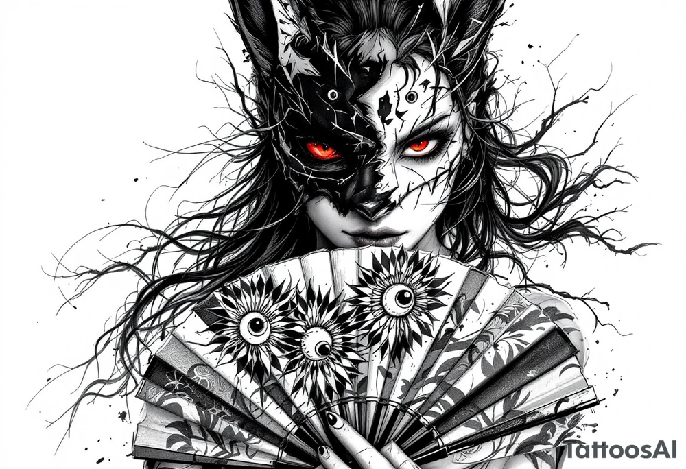 Woman samurai with red eyes wearing an half and broken kitsune mask, holding a japanese fan with irises. tattoo idea