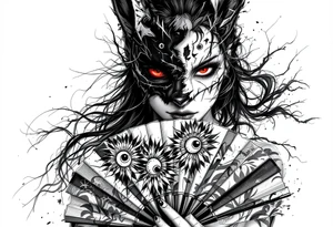 Woman samurai with red eyes wearing an half and broken kitsune mask, holding a japanese fan with irises. tattoo idea