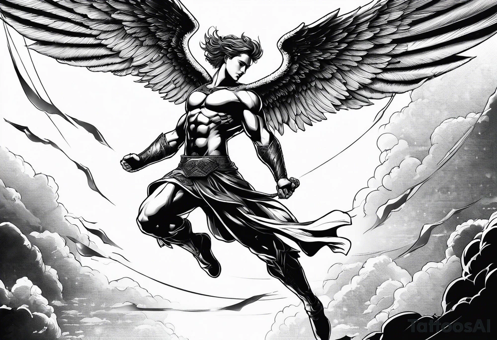 Angel in the pose of a superhero landing tattoo idea