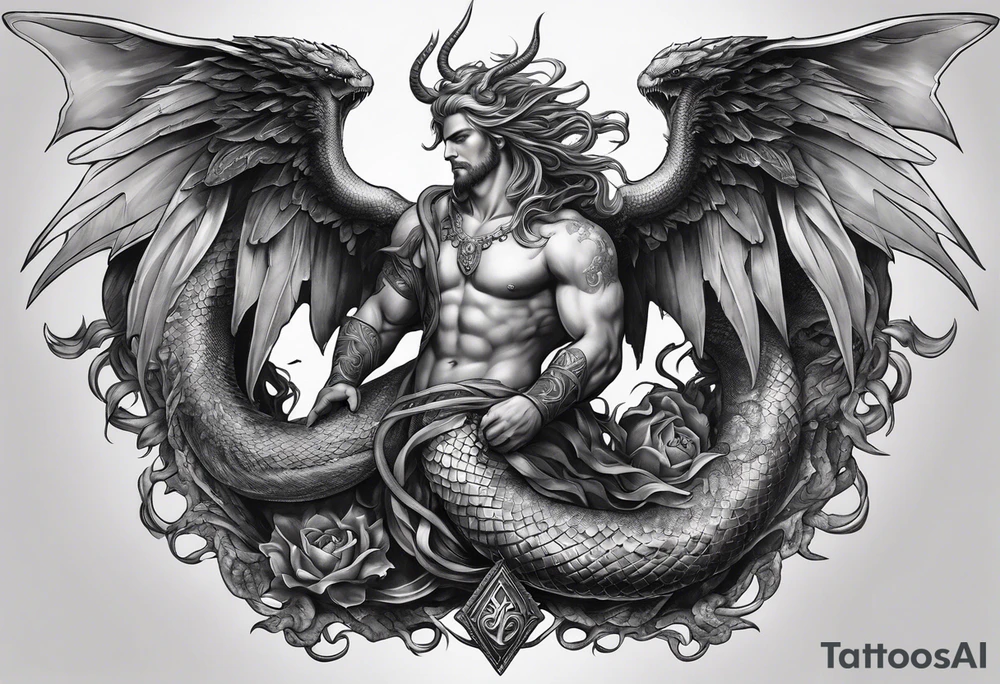 Full back piece depicting the biblically accurate angels above killing a demonic snake dragon below tattoo idea