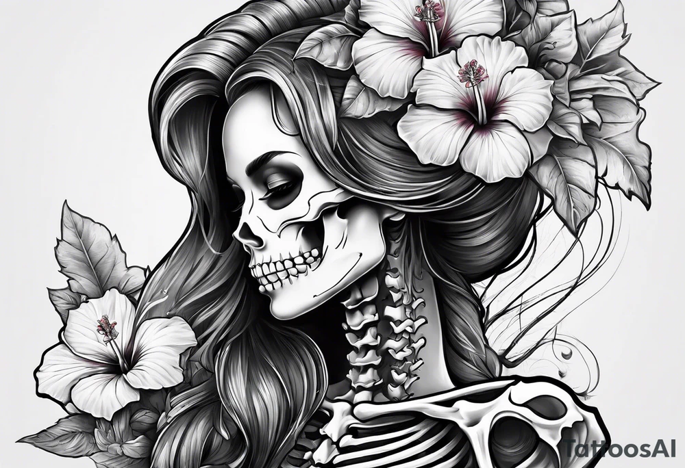 a full female skeleton with hibiscus flower. tattoo idea
