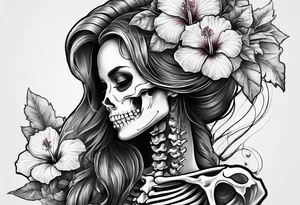 a full female skeleton with hibiscus flower. tattoo idea