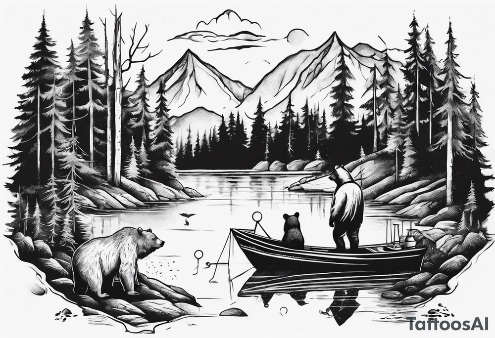 bear, forest, lake, small man on a fishing boat, appalachia, arm sleeve tattoo tattoo idea