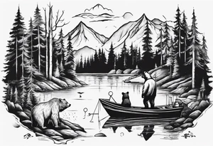 bear, forest, lake, small man on a fishing boat, appalachia, arm sleeve tattoo tattoo idea