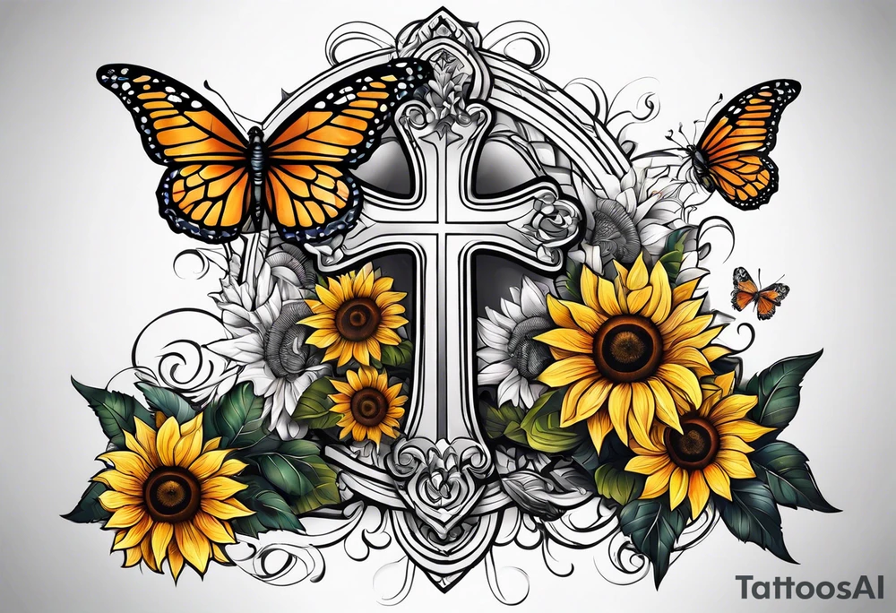Arm sleeve with Winged cross with sunflower and butterflies tattoo idea
