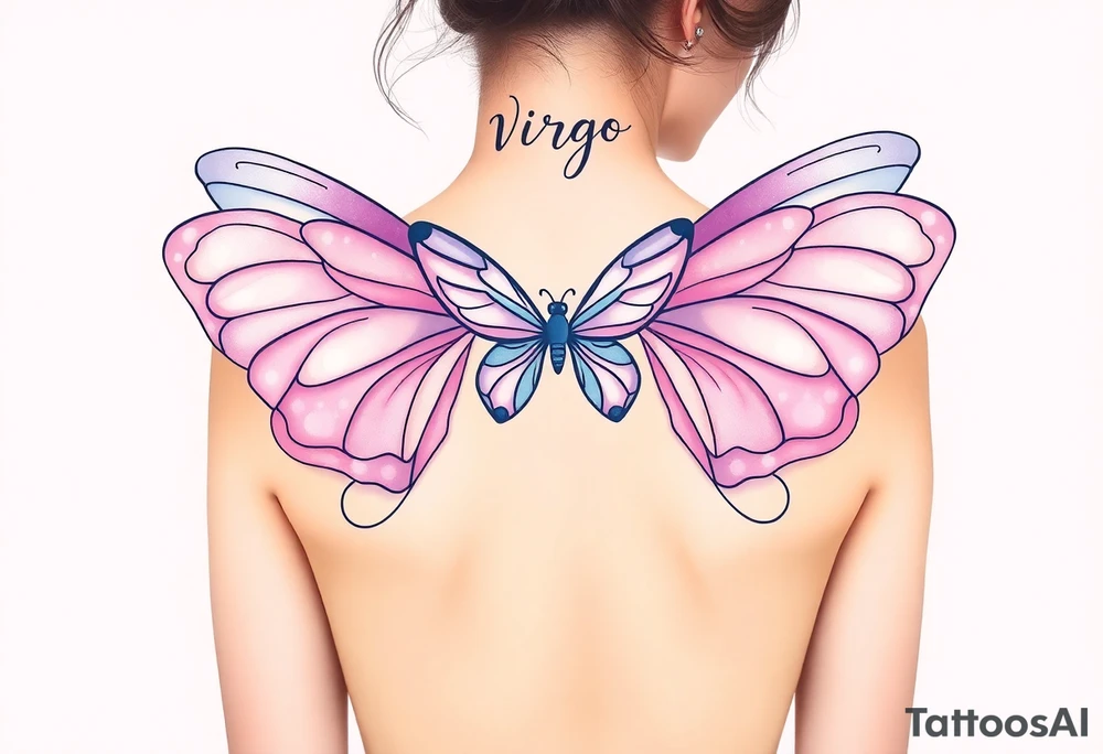A dreamy  full body of a woman with delicate butterfly wings, in soft lavender, pink, and pearl white hue with the word Virgo above her head tattoo idea
