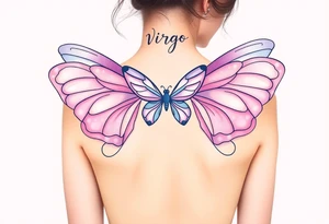 A dreamy  full body of a woman with delicate butterfly wings, in soft lavender, pink, and pearl white hue with the word Virgo above her head tattoo idea