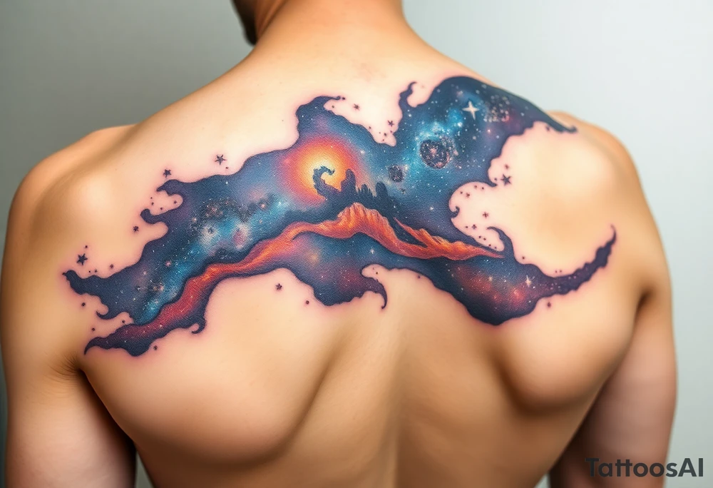 Beautiful and epic 3d milky way that appears to be what is beneath the skin. Make it drape over the shoulder and move to the middle back. use negative spaces to create stars and dust. Incorporate God breathing life into the universe. Keep it symmetrical tattoo idea