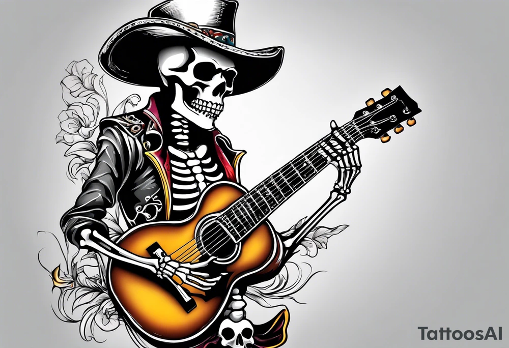 Skeleton playing guitar tattoo idea