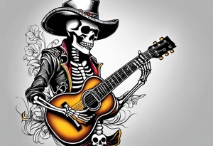 Skeleton playing guitar tattoo idea