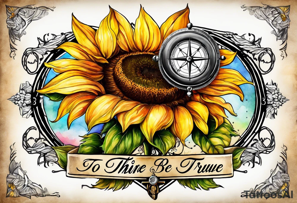 Sunflower and a compass, with the words "To Thine Own Self Be True" tattoo idea
