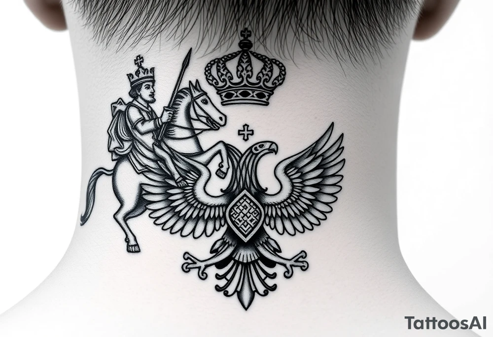 St. George slaying the dragon (hugely common in Russian Orthodox art)
Russian imperial crown above the eagle
Crossed swords or a Russian sabre
The Kremlin or St. Basil's Cathedral scene tattoo idea
