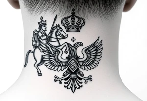 St. George slaying the dragon (hugely common in Russian Orthodox art)
Russian imperial crown above the eagle
Crossed swords or a Russian sabre
The Kremlin or St. Basil's Cathedral scene tattoo idea