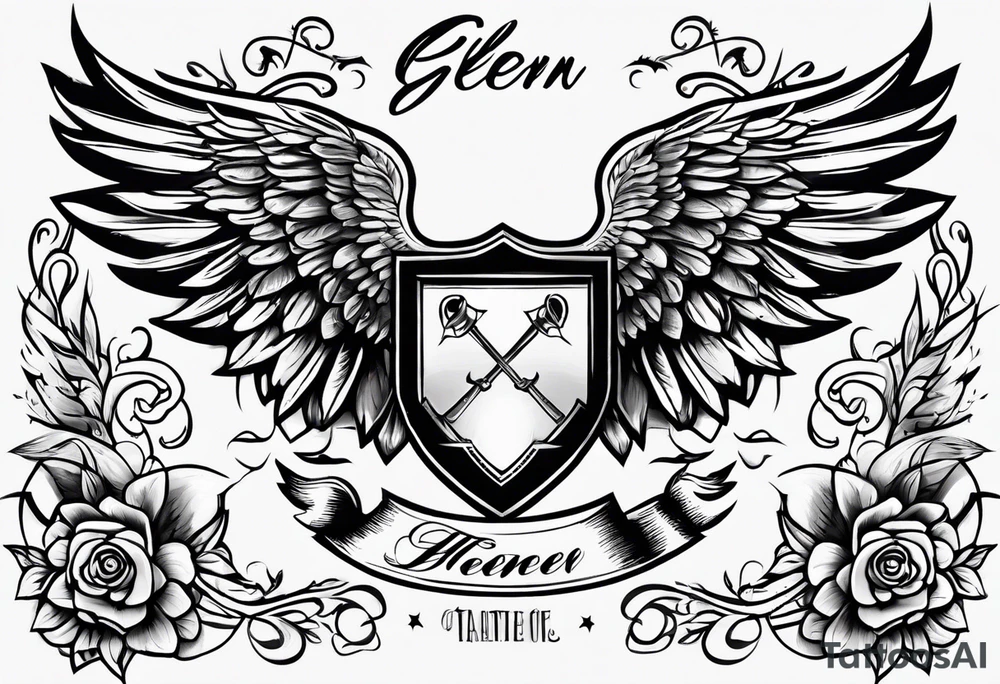 Simple tattoo with the word Glenn on a banner and angel wings tattoo idea