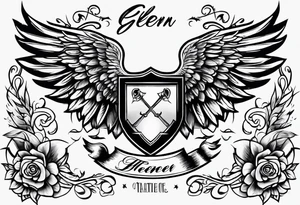 Simple tattoo with the word Glenn on a banner and angel wings tattoo idea