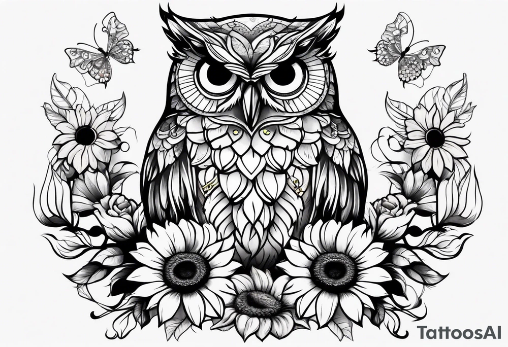 Small owl with sunflowers and butterflies arm sleeve tattoo idea