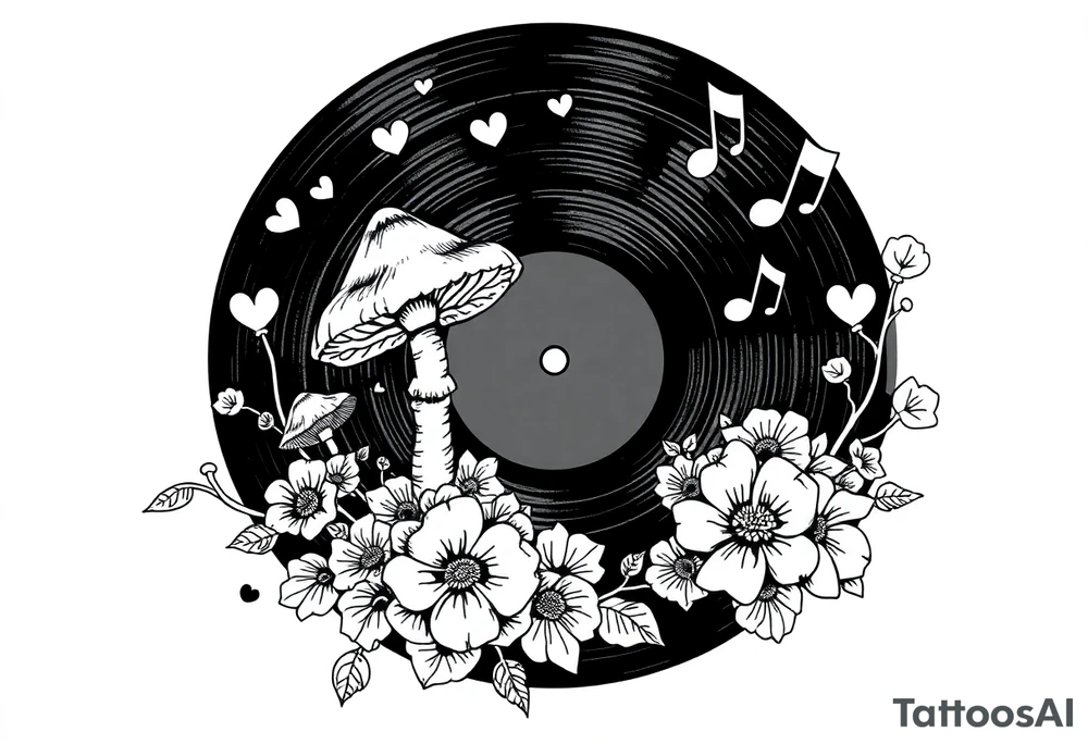 vinyl record with mushrooms, flowers, hearts, and music notes tattoo idea