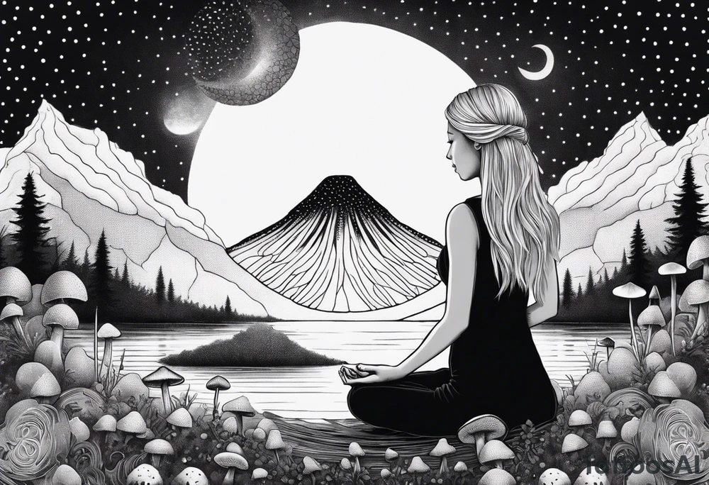 Straight blonde hair girl meditating facing away toward mountains surrounded by mushrooms crescent moon mandala circular design black and white striped dress tattoo idea