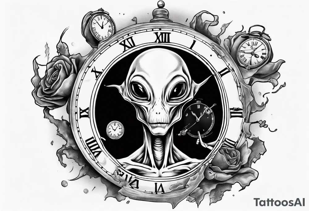 Alien holding a broken clock in hand tattoo idea