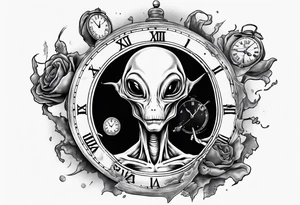 Alien holding a broken clock in hand tattoo idea