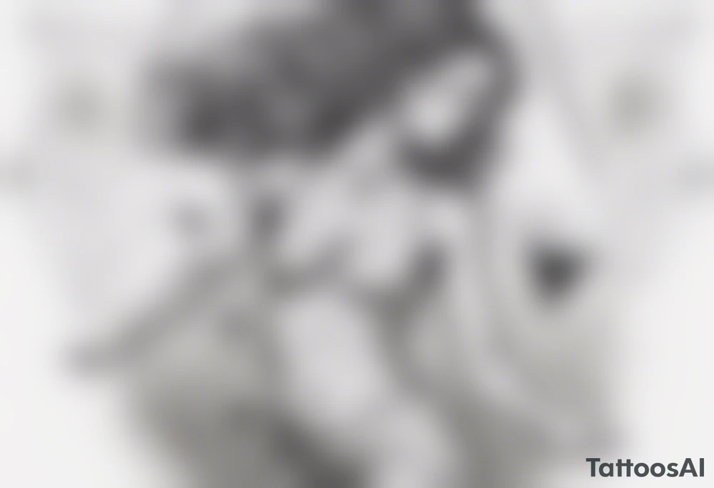 Delicate Black and white tattoo with a woman (entire body) dancing. showing that a lion (only head) is shadowing her. Use triangles and dot work tattoo idea