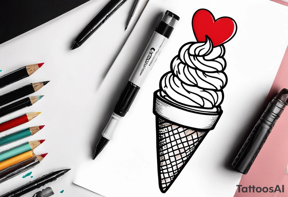 sketch chocolate chip ice cream cone with one red heart tattoo idea