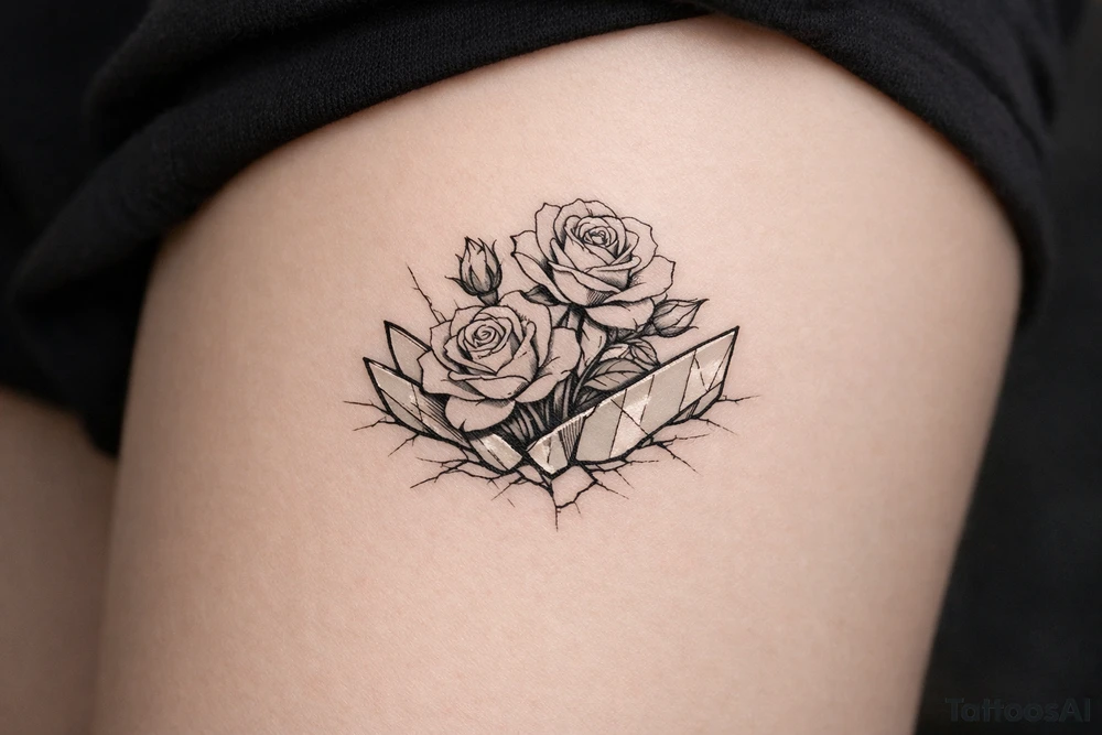 Close-up of roses emerging from fragmented mirror, dark, moody lighting. tattoo idea