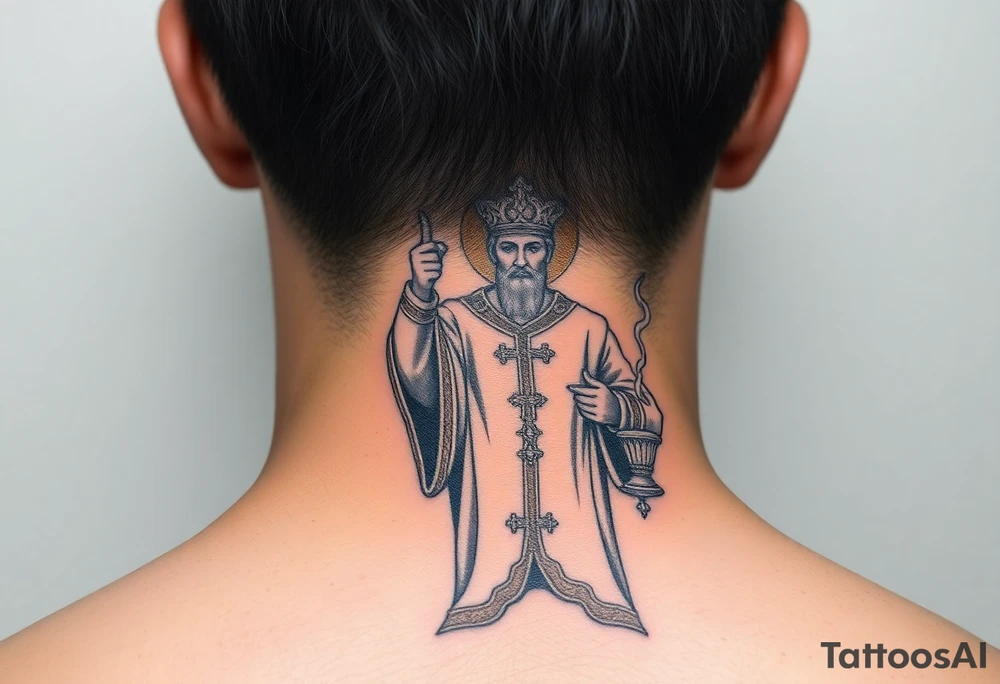 Russian Orthodox Priest in a fully detailed gold vestment swinging a censer with smoke curling upward tattoo idea