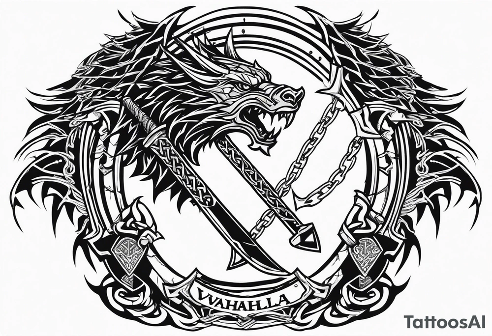 Valhalla sword shield dragon axe Valknut barbed wire chains tribal tattoo idea