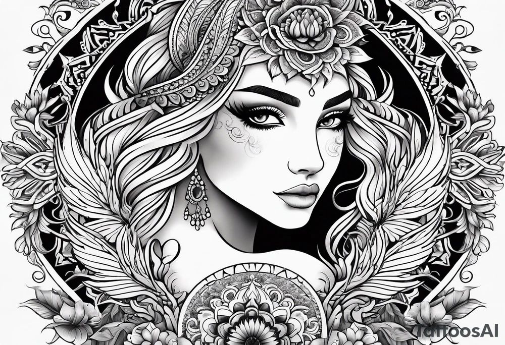 Tribal bohemian feminine impowering Phoenix rising with smoke, mandala sun, floral, lace background tattoo idea