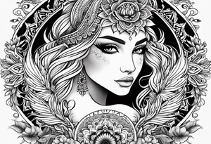 Tribal bohemian feminine impowering Phoenix rising with smoke, mandala sun, floral, lace background tattoo idea