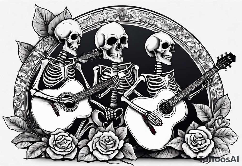 a female skeleton holding a hibiscus flower and a male skeleton playing a guitar. The scene should capture a moment of connection between the two, with the female skeleton attentively listening to the music played by the male skeleton. tattoo idea