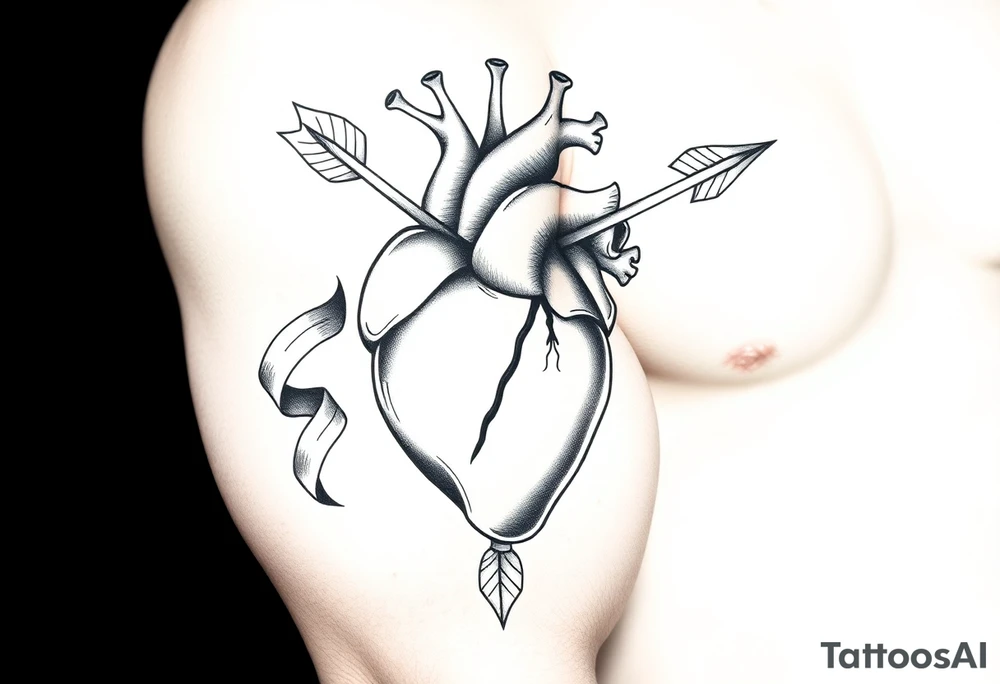 anatomical heart pierced by ornate arrow with flowing ribbons tattoo idea
