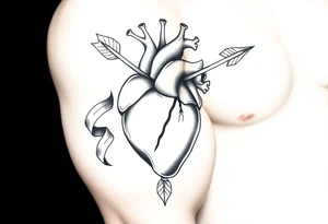 anatomical heart pierced by ornate arrow with flowing ribbons tattoo idea
