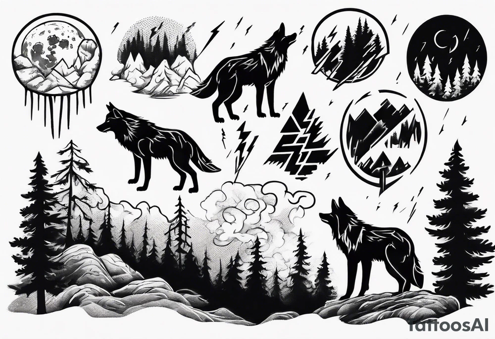 lightning storm over a forest with a distant wolf howling tattoo idea lightning storm over a forest with a distant wolf howling tattoo idea