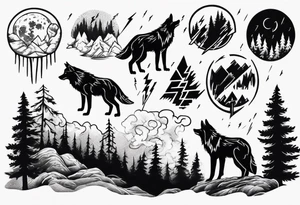 lightning storm over a forest with a distant wolf howling tattoo idea