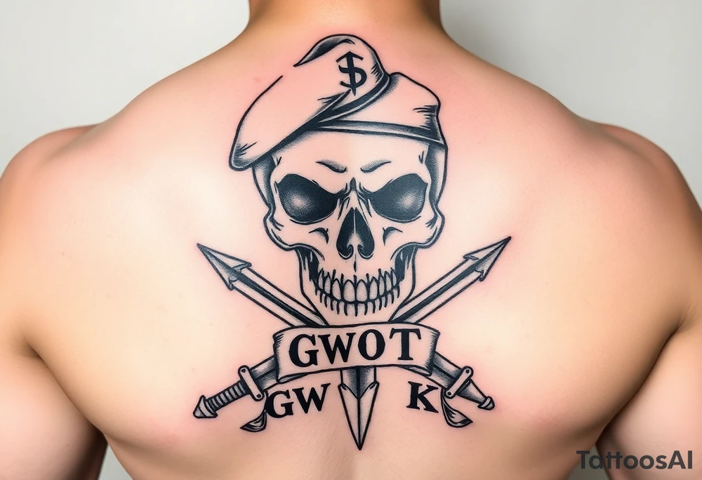Create me military tattoo with skull, sword, beret in skull and word that say GWOT kid tattoo idea