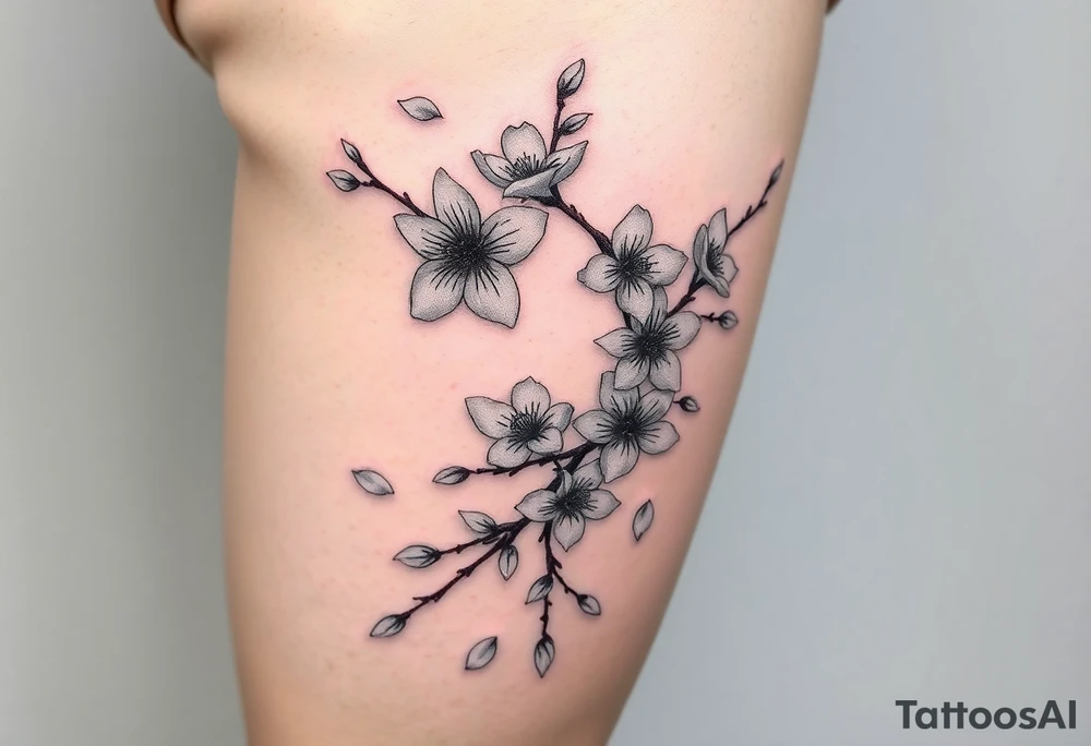 delicate cherry blossoms swirling in spring breeze with petals tattoo idea
