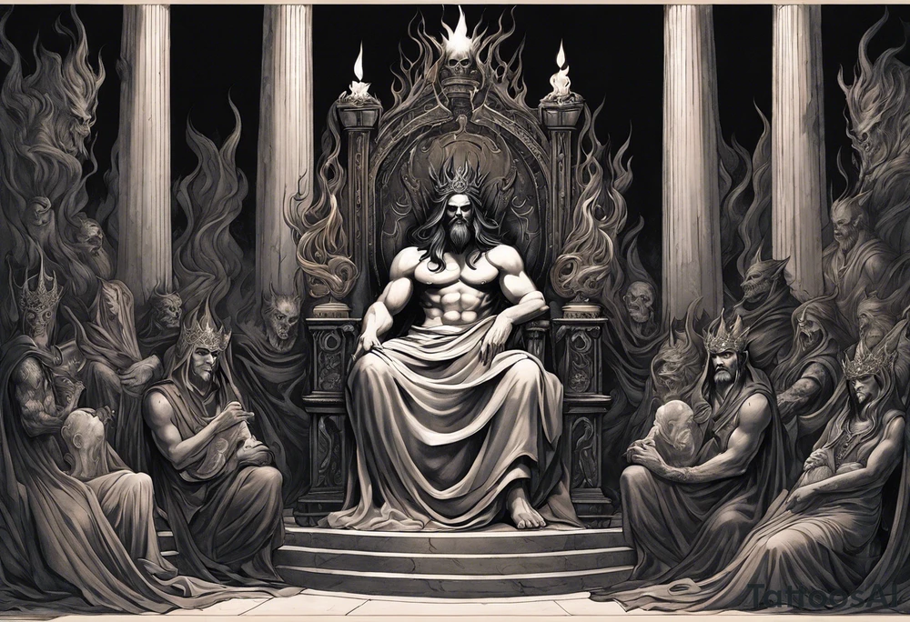 Hades (Left Forearm):

Hades seated on a dark throne in the underworld, surrounded by shadowy figures.
Flames flickering in the background, casting an eerie glow on Hades's features.
Ghostly apparitions and skeletal figures emerging from the darkness, representing souls in the underworld. tattoo idea