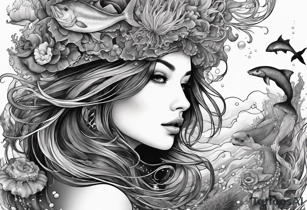 Ethereal woman of the sea surrounded by deep sea creatures. tattoo idea